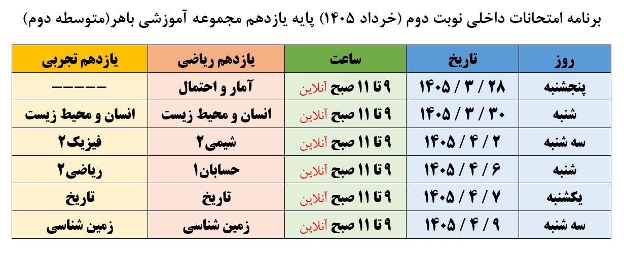 برنامه امتحانات داخلی نوبت دوم (خرداد 1405) پایه یازدهم 