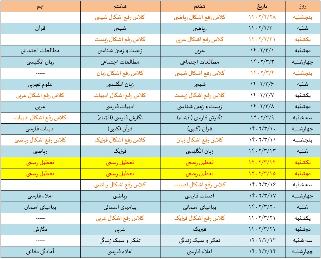 برنامه امتحانات پاياني خرداد 1402